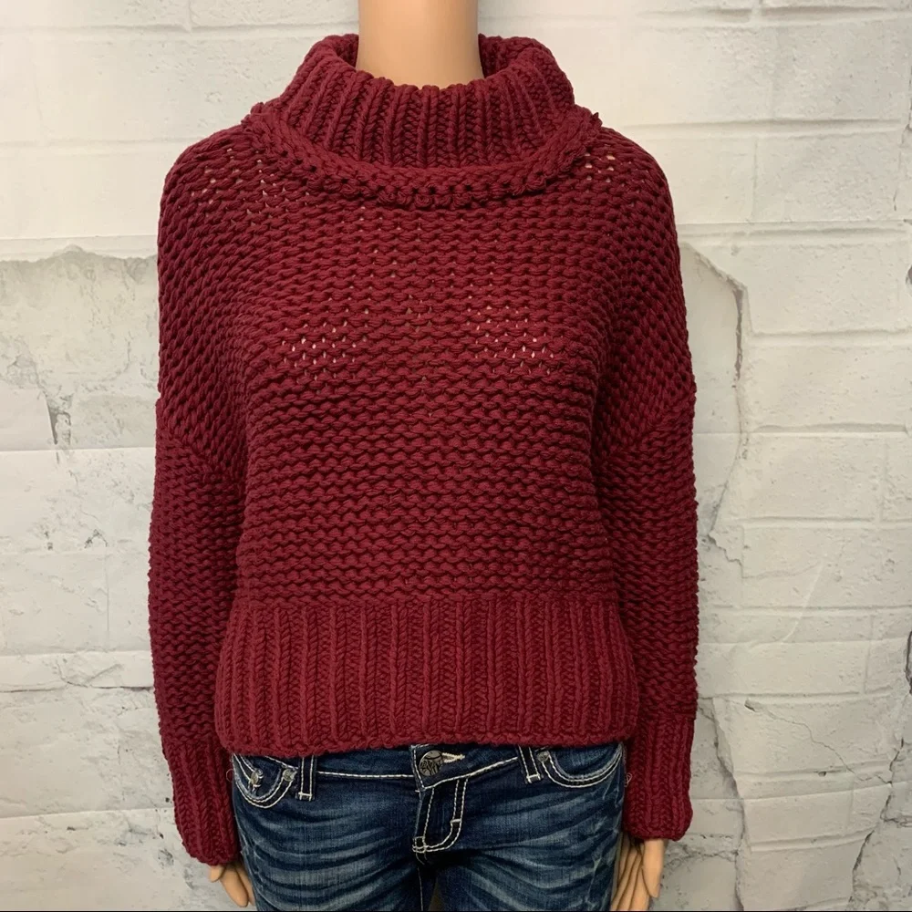 Free People Chunky Burgundy Knit Sweater